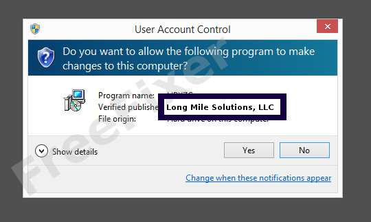Screenshot where Long Mile Solutions, LLC appears as the verified publisher in the UAC dialog